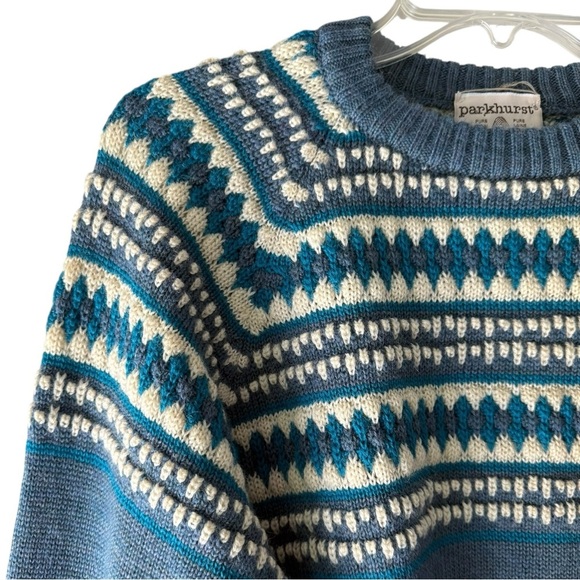 Parkhurst Vintage Wool Fair Isle Sweater Size Medium Blue Made in Canada 70s 80s - Picture 3 of 7